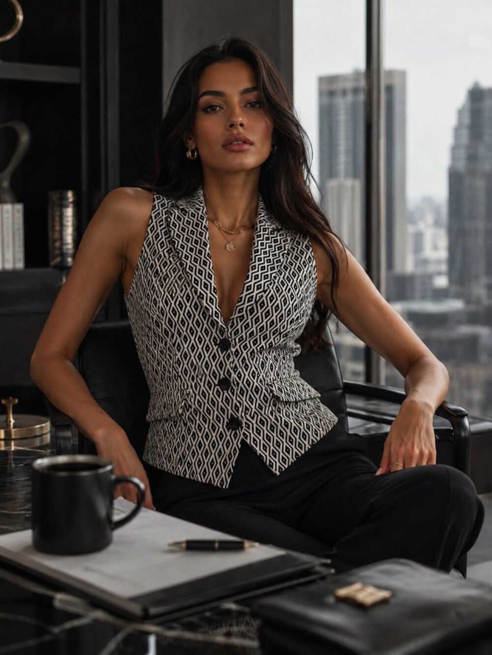 SAKS FIFTH AVENUE BLACK LABEL Double Breasted Vest 12 Luxe Suit Jacket Geometric
